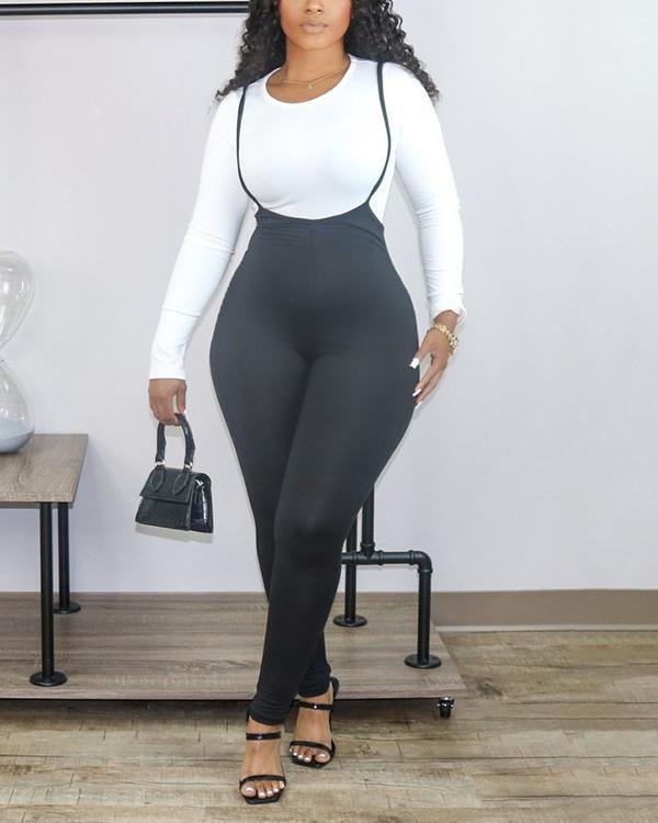 Solid Color Suspenders Pants & Tops Two-piece Suit