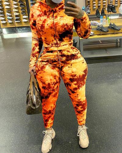 Plus Size Fire Print Hooded Two Piece Sets