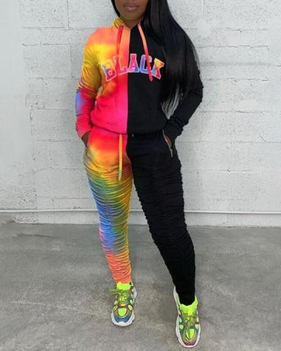 Tie-dye Color Stitching Hooded Two-piece Suit
