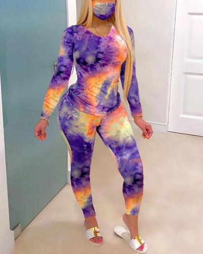 Tie-dye Round Neck Home Wears Sports Suit (include mask)