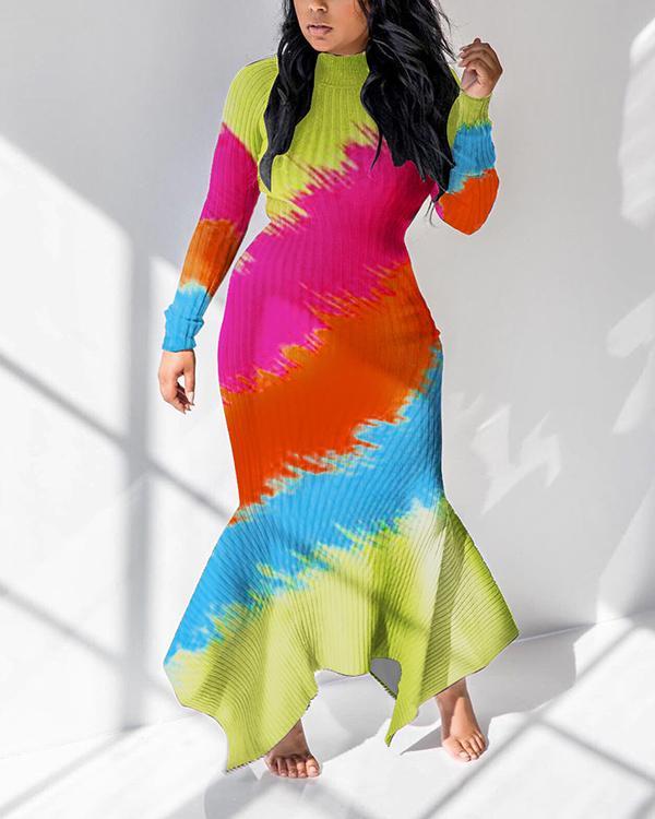 Plus Size Long Sleeve Floor-Length Fall Asymmetrical Dress