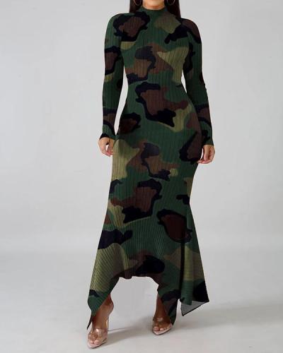 Plus Size Long Sleeve Floor-Length Fall Asymmetrical Dress