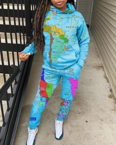 Map Print Pocket Drawstring Dtrap Hooded Sports Two-piece Suit
