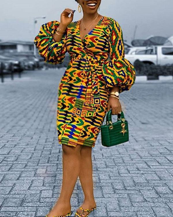 Sexy Deep V Bubble Long Sleeve Printed Cardigan Dress with Belt