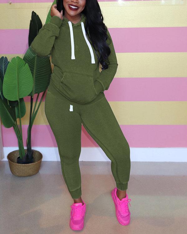 Pure Color Hooded Sweater Two-piece Suit