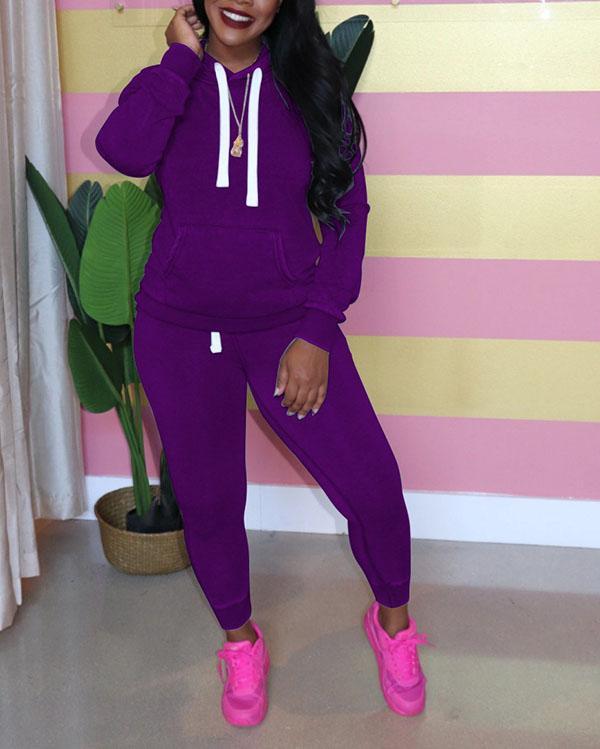 Pure Color Hooded Sweater Two-piece Suit