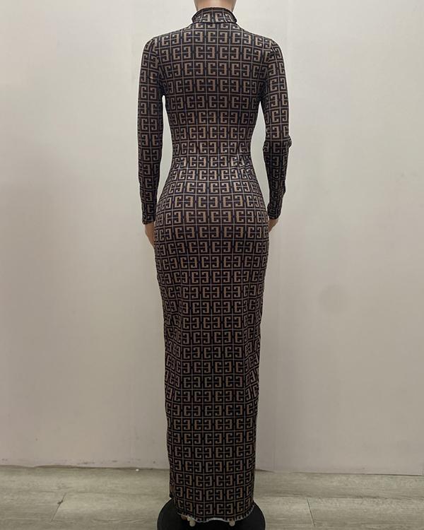 Print Semi Long Sleeve Maxi Dress