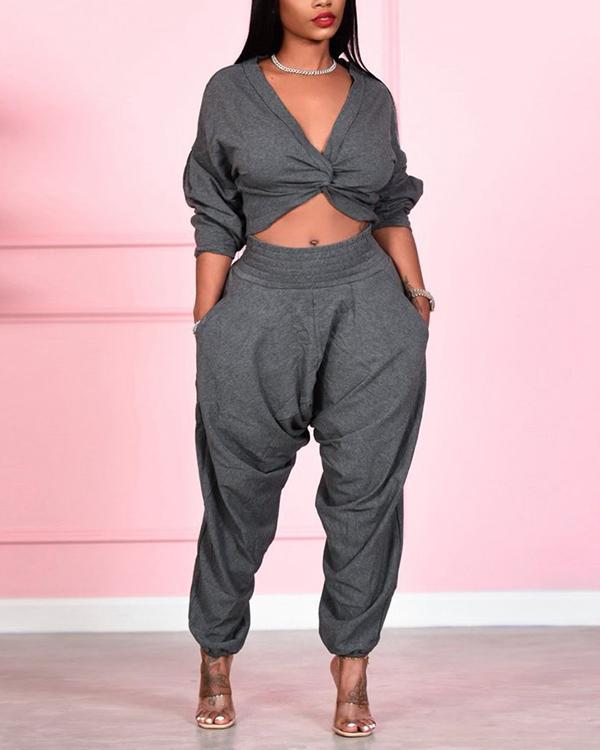 V Neck Knot Design Grey Plus Size Two-piece Pants Set