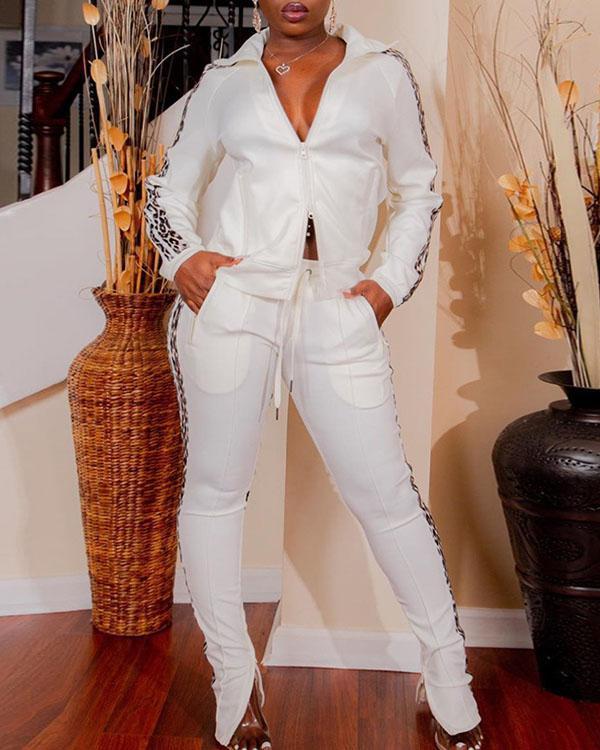 Pure Color Zipper Casual Suit with Pocket