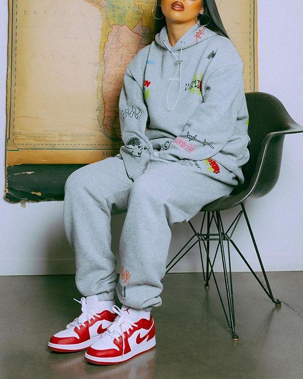 Casual Letter Printed Hooded Sweater Suit