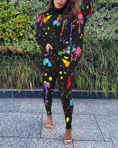 Casual Printed Bat Sleeve Split Tops & Trousers Two-piece Suit