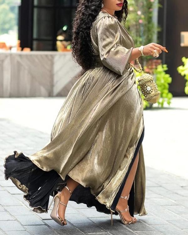 V-neck High Waist Bronzing Dress Slit Long Dress