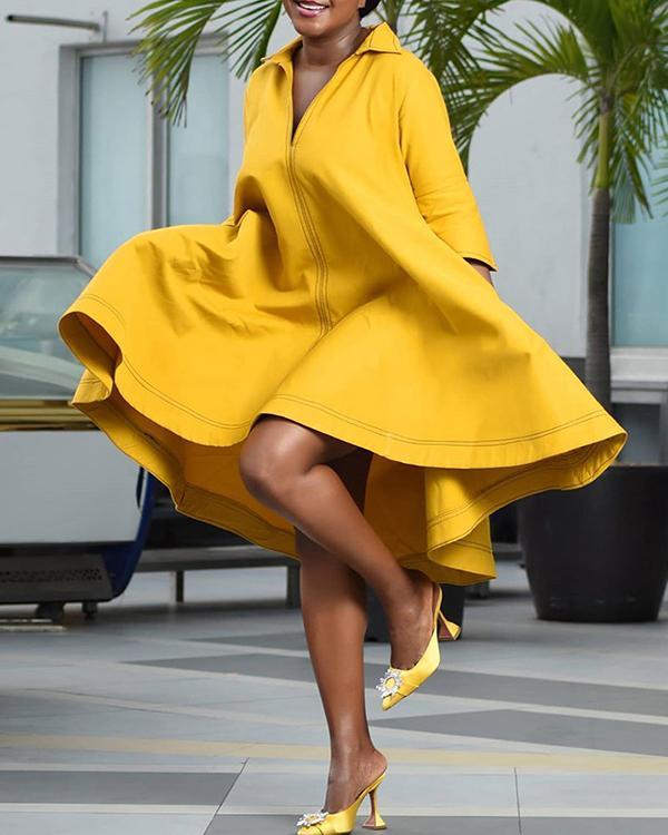 Solid Color Long Sleeve Lapel Loose Dress