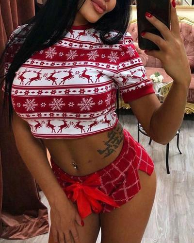 Christmas Living Print Basic Short Sleeve Two Pieces