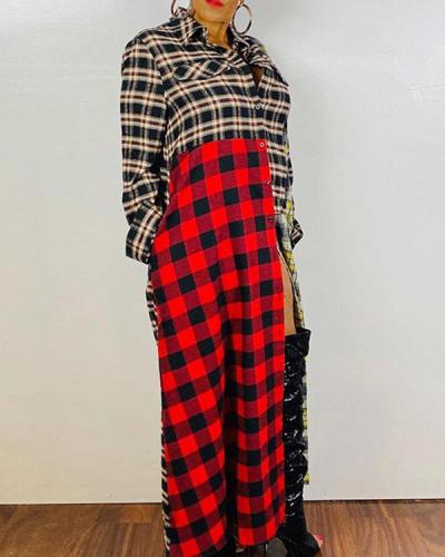 Stylish Turndown Collar Grid Print Patchwork Red Ankle Length Coat Dress