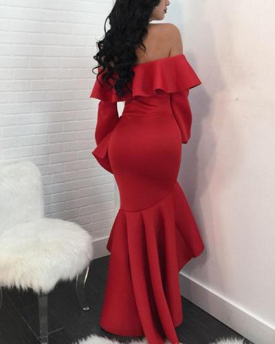 Solid Color Ruffled Long Sleeve Dress
