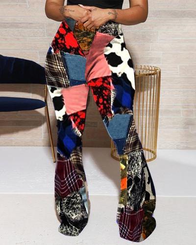 Fashion Color Matching Distressed Casual Trousers Flared Pants