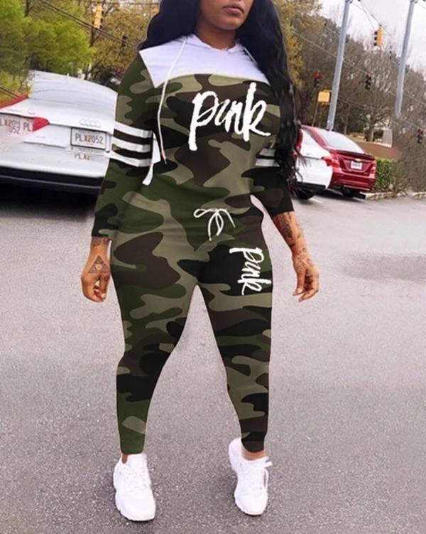 Camouflage Letter Stitching Sports Hooded Two-piece Suit
