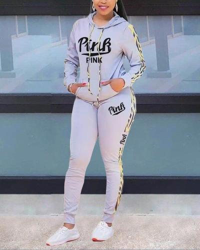 Letter Print Split Joint Hooded Collar Long Sleeve Two Pieces Suits