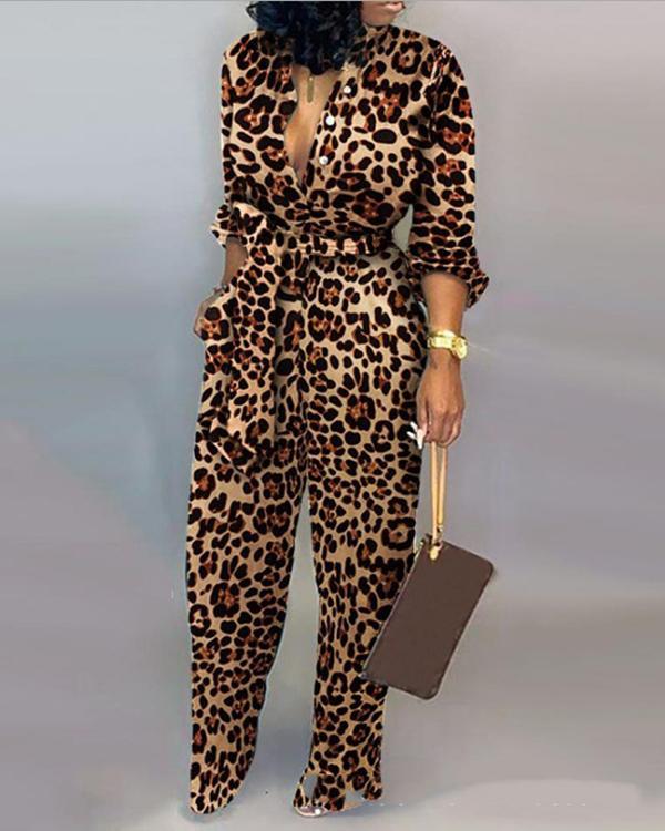Leopard Print Long Sleeve Jumpsuit