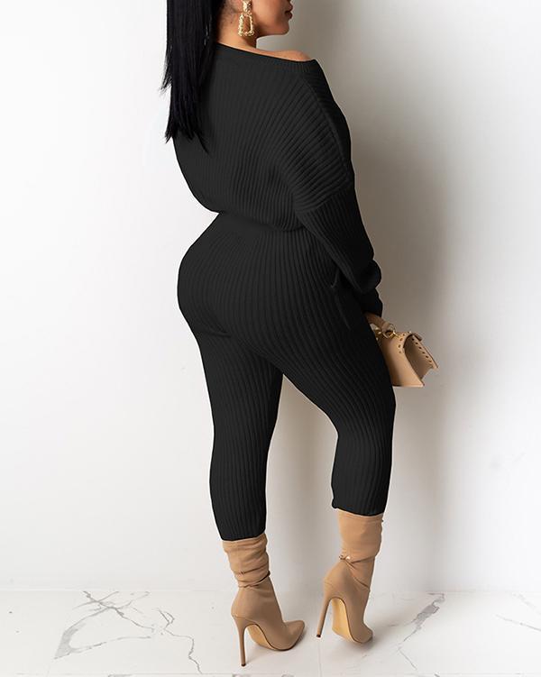 Long Sleeve Pit Striped Drawstring Trousers Suit