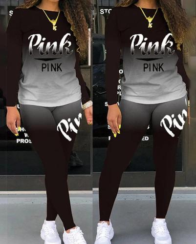 PINK Letter Print Casual Two-piece Suit