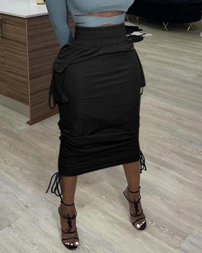 Solid Color High Waist Pleated Lace-up Pencil Skirt