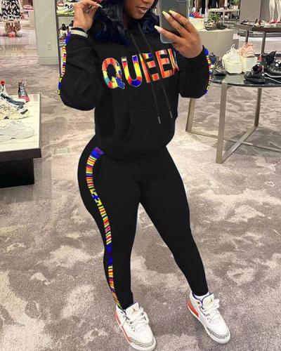 Color Letter Print Hooded Sports Two-piece Suit