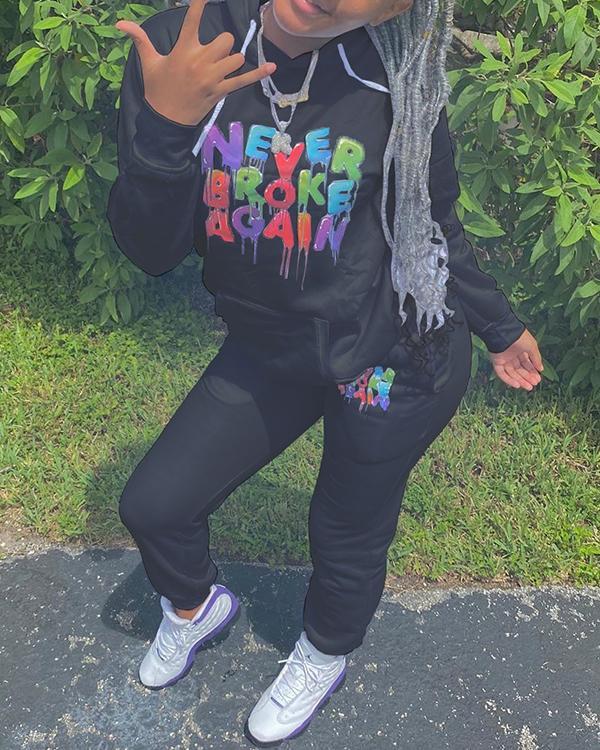 Color Letter Print Hooded Sweater Set