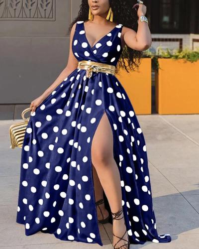 Printed Polka Dot Pattern Long Dress (No Belt)