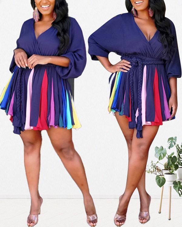 Sexy V-neck Woven Plus Size Printed Dress with Belt