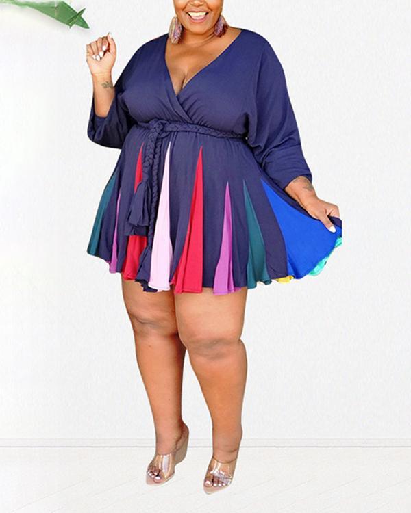 Sexy V-neck Woven Plus Size Printed Dress with Belt