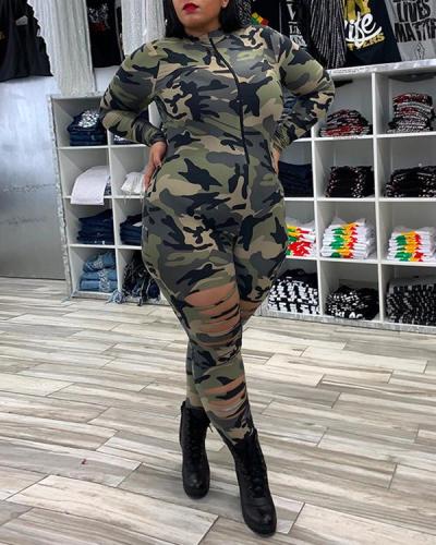 Camouflage Ripped Sexy Plus Size Jumpsuit