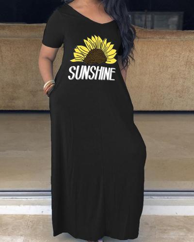 Casual Plus Size Short Sleeve V Neck Printed Maxi Dress