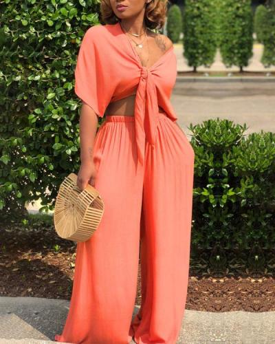Sexy Lace-up Deep V Wide-leg Pants Two-piece Suit