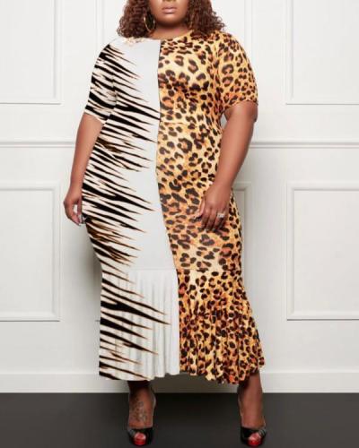 Plus Size Leopard Print Patchwork Ruched Dress