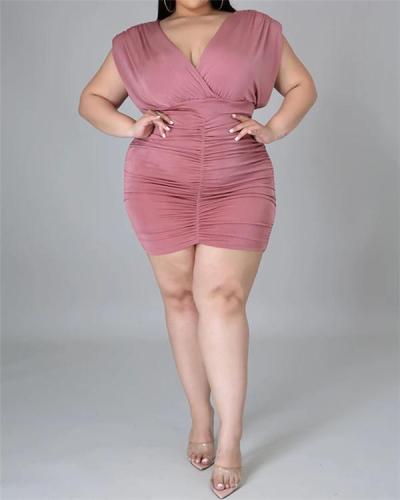 Tight sexy solid color pleated fat lady plus size dress
