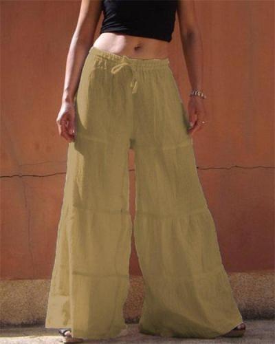 Cotton and linen loose solid color elastic waist large size wide leg pants