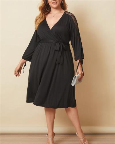 Fashion solid color V-neck three-quarter sleeve lace stitching plus size dress