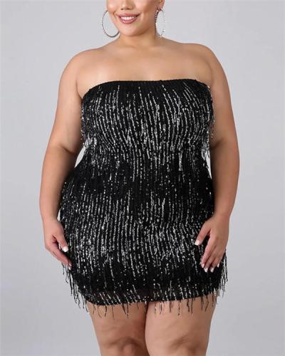 Large-size beard-drop sequin tube top dress