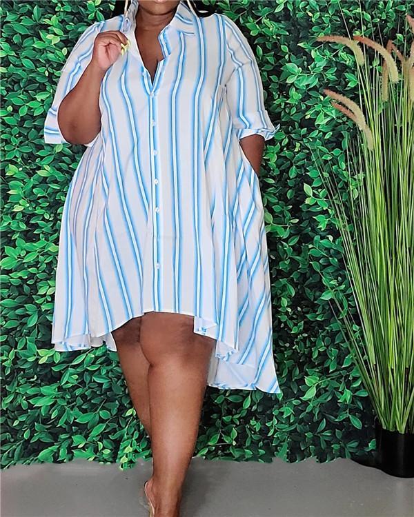 Striped long-sleeved lapel single-breasted shirt dress