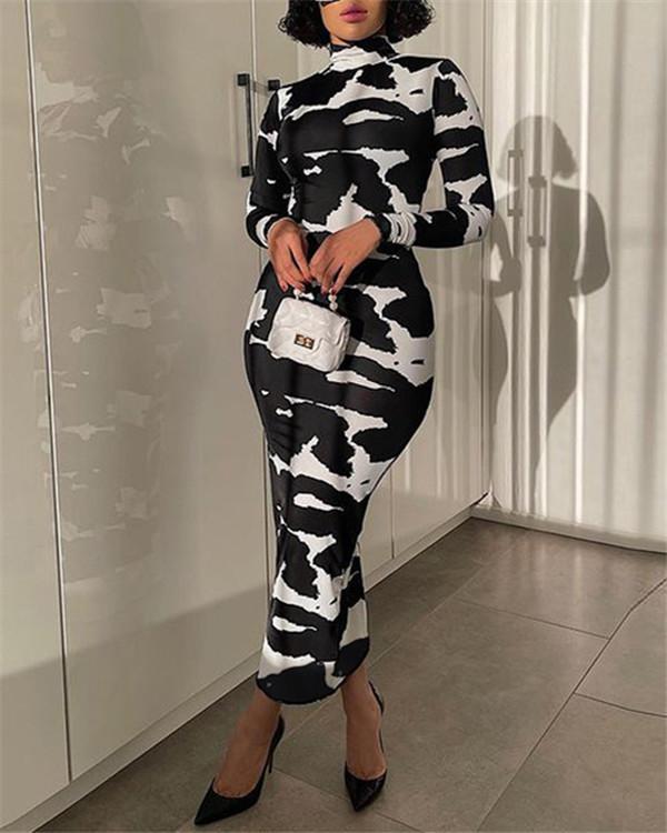 Stretch high neck long sleeves printed tight-fitting dress base dress