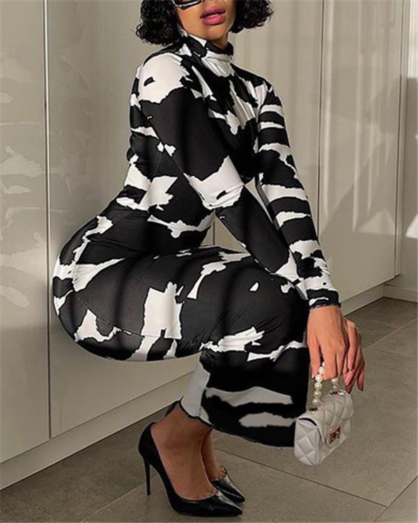 Stretch high neck long sleeves printed tight-fitting dress base dress