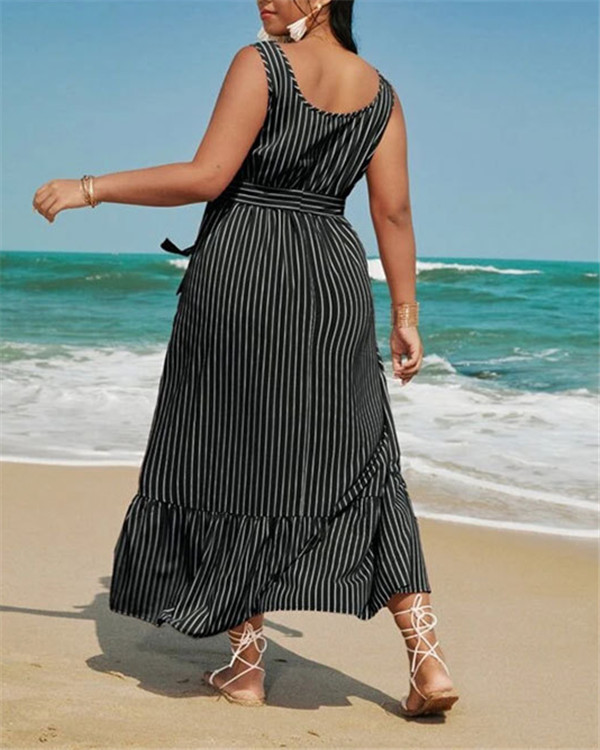 Square collar striped ruffled European and American plus size dress