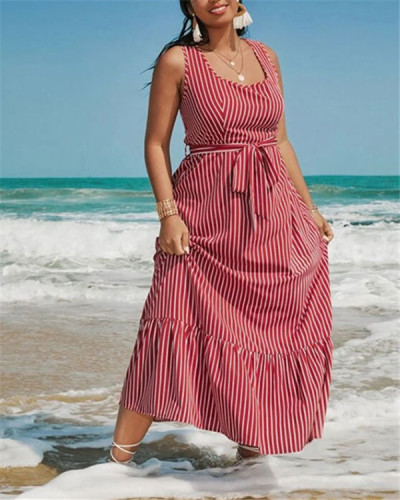 Square collar striped ruffled European and American plus size dress