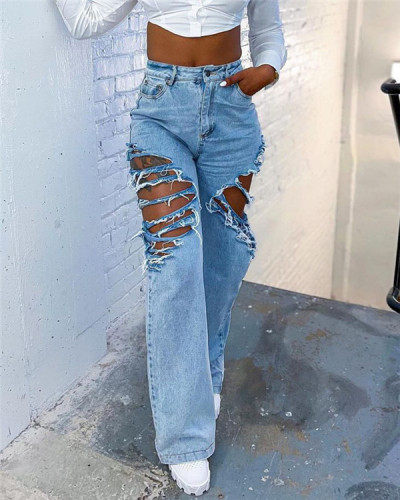 Straight pants fashionable ripped loose jeans