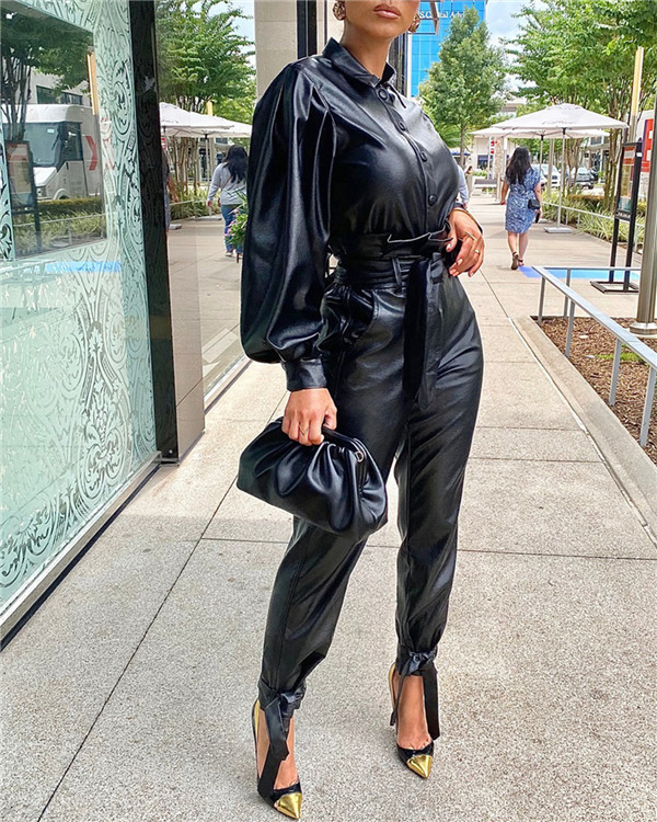 Two-piece pu leather long-sleeved suit