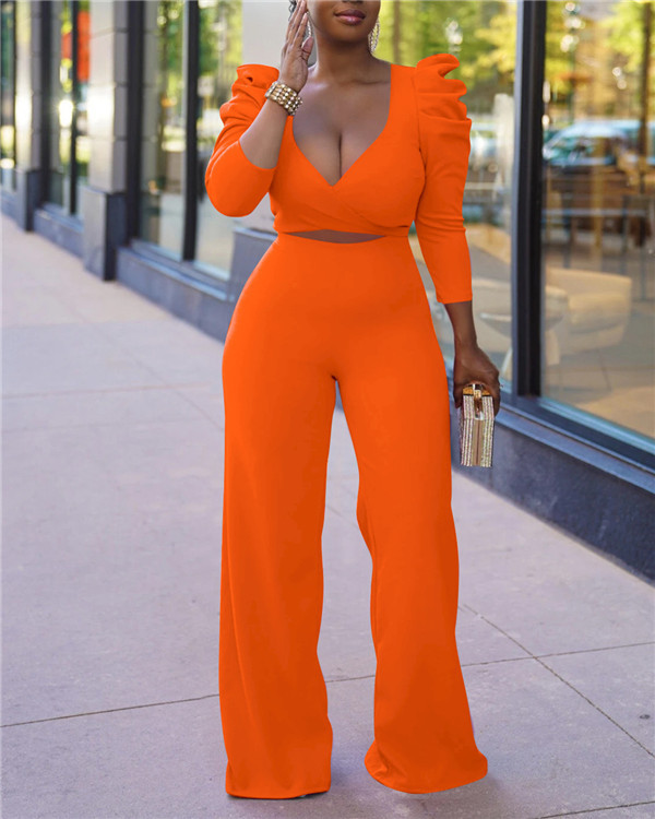 Two-piece set of solid color puff sleeves with hollow front straps