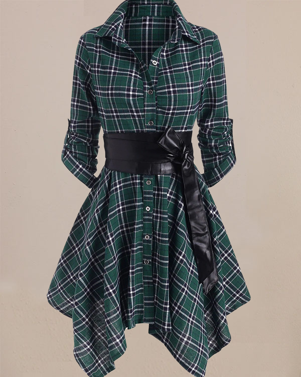 Mid-length Long-sleeved Dress With Plaid Belt