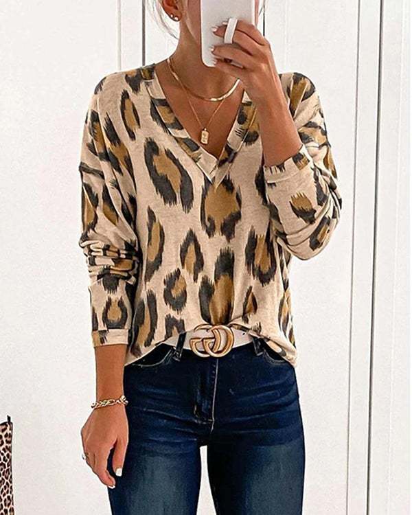 Leopard V-Neck Long Sleeves Casual Blouses
